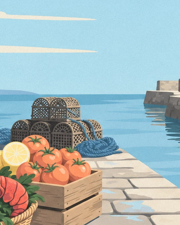 Les casiers en osier, la cagette de tomates mûres et le citron coupé, au bord du quai pavé