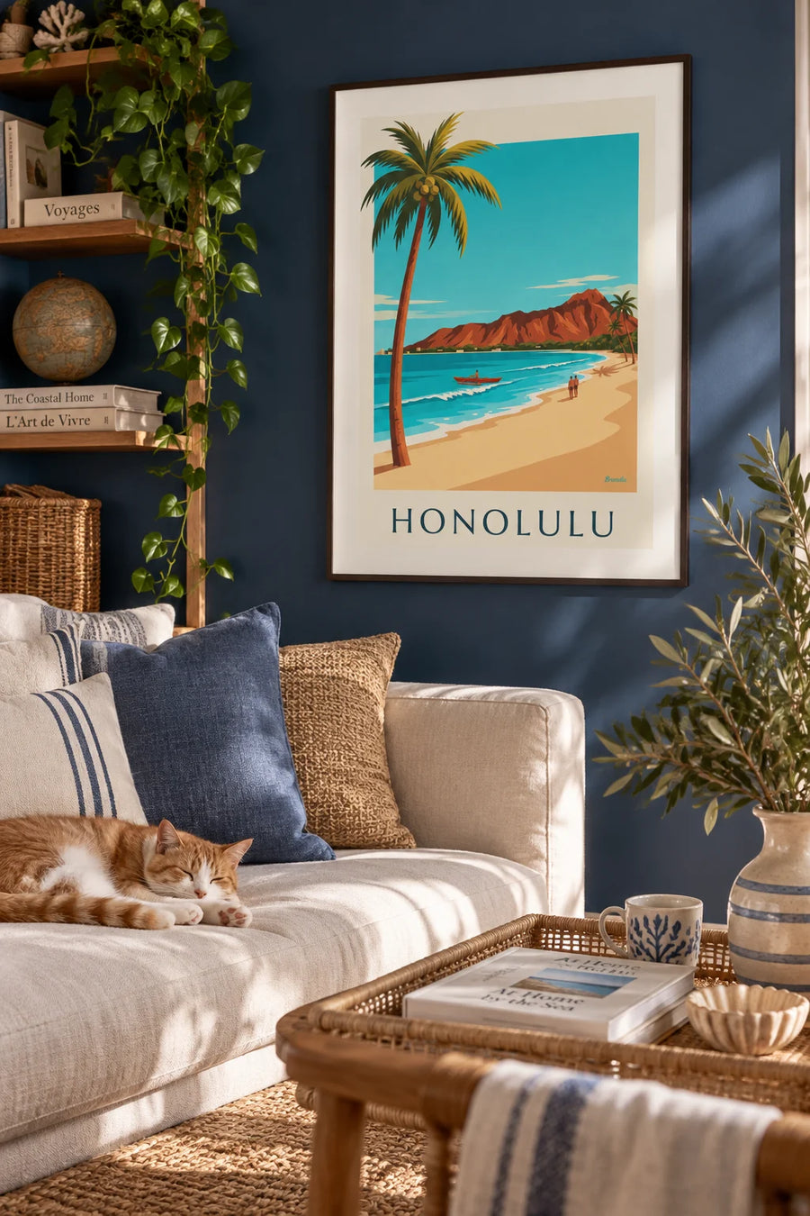 Diamond Head and Waikiki Beach poster in Honolulu: framed on the wall