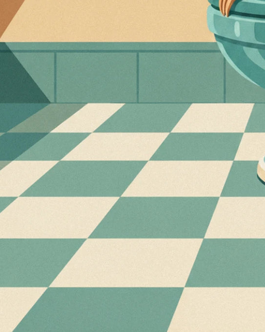 Le carrelage en damier turquoise et crème, avec le bas de la cuvette des toilettes en haut à droite