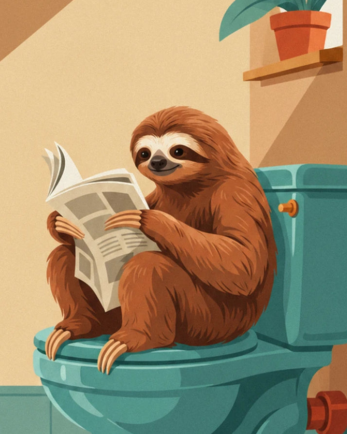Le paresseux au pelage roux qui lit son journal sur des toilettes turquoise, plante en pot au-dessus