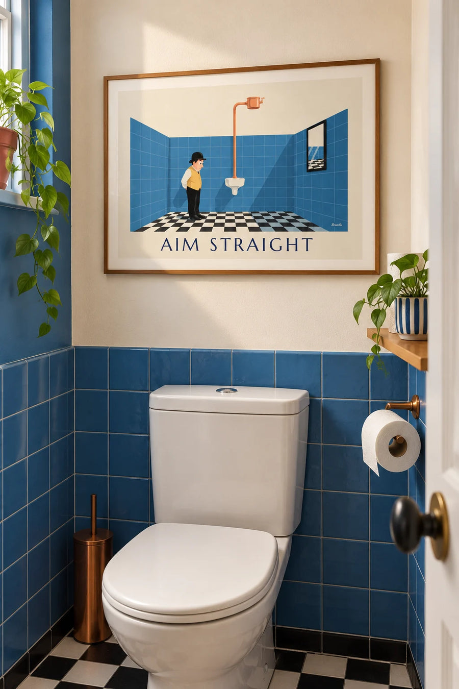 Affiche humour WC, monsieur au chapeau melon face à l'urinoir : encadrée au mur