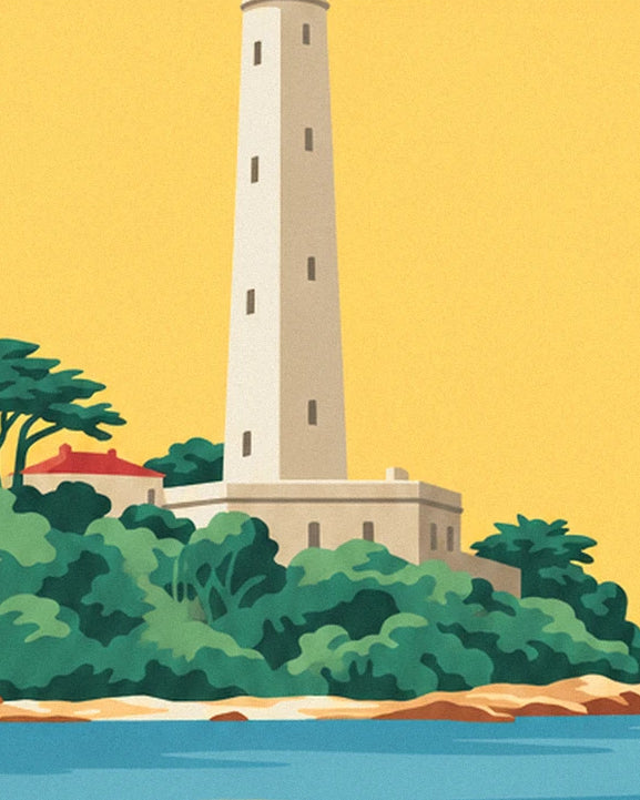The white lighthouse rising above the pines, beneath a saffron yellow sky