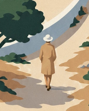 A figure seen from behind in a beige coat and white hat on a shaded path