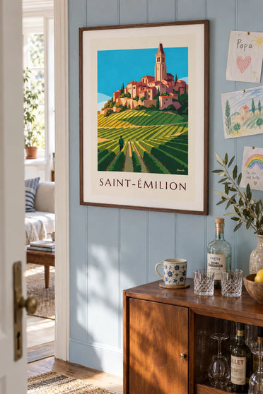Plakat wieś Saint-Émilion i jej winnice: w ramie na ścianie