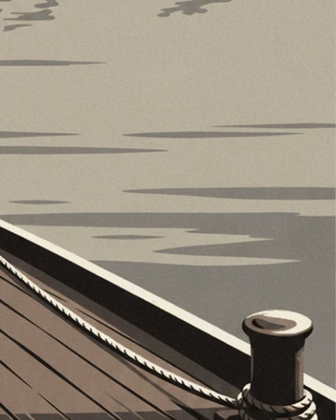 The wooden deck and its mooring rope wound around a bollard, above the grey water