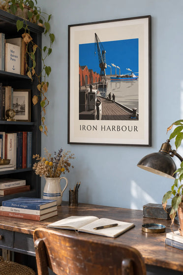 Affiche port industriel, grue, cargo et cheminées d'usine : encadrée au mur