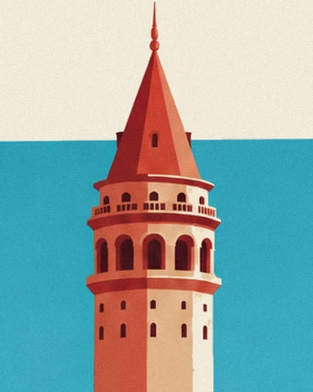 La tour de Galata aux fenêtres arquées et au toit rouge pointu, sur fond turquoise