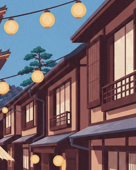The brown wooden façades with their balconies and 4 yellow lanterns hanging against the blue sky