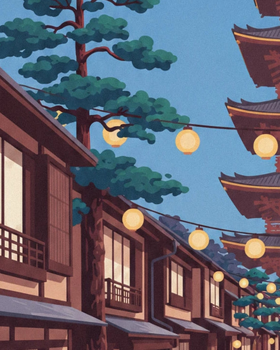 A tall pine and the wooden houses of the old quarter, with glowing lanterns in front of the pagoda