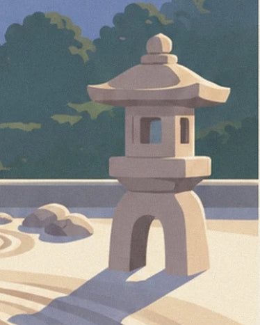 Une lanterne japonaise en pierre claire et son ombre sur le sable ratissé