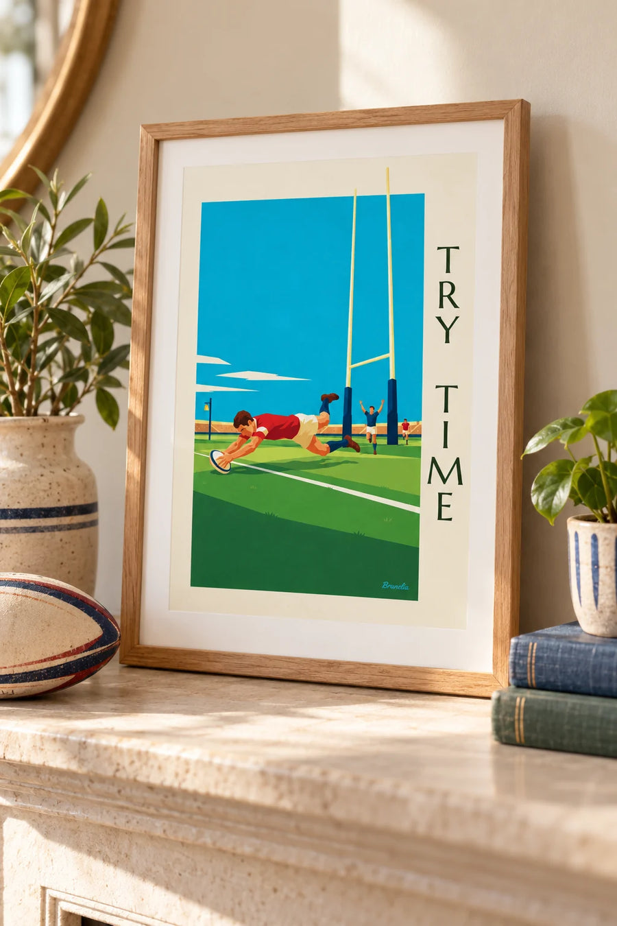Affiche rugbyman marquant un essai en plongeon : petit format A4 encadré