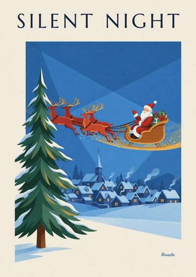 Affiche Père Noël sur son traîneau au-dessus d'un village enneigé : l'affiche entière