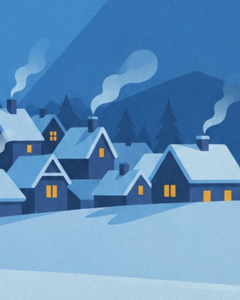 The houses with snowy roofs, lit windows and smoking chimneys, in front of the fir trees