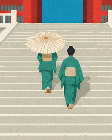 The 2 figures in green kimonos on the steps, with a cream parasol