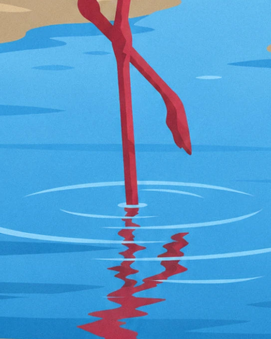Les pattes rouges du flamant dans l'eau bleue, avec ses reflets ondulés et ses ronds sur l'eau