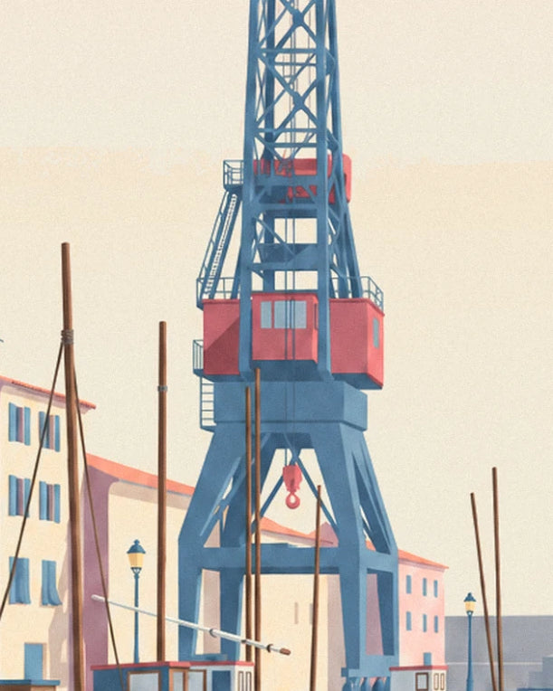 The large blue crane with a red cab at the shipyard, between masts and pink façades