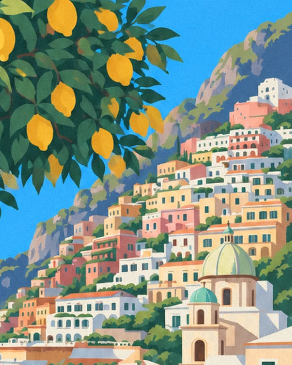 Les branches de citronnier au-dessus du village pastel et des dômes en tuiles vertes