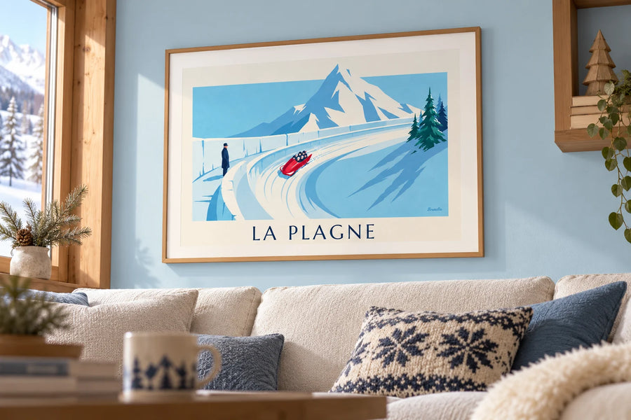 Plakat olimpijski tor bobslejowy w La Plagne: w ramie na ścianie