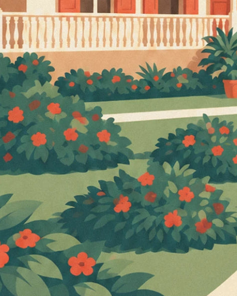 Le jardin de la case, ses massifs d'arbustes à fleurs rouges et sa pelouse verte