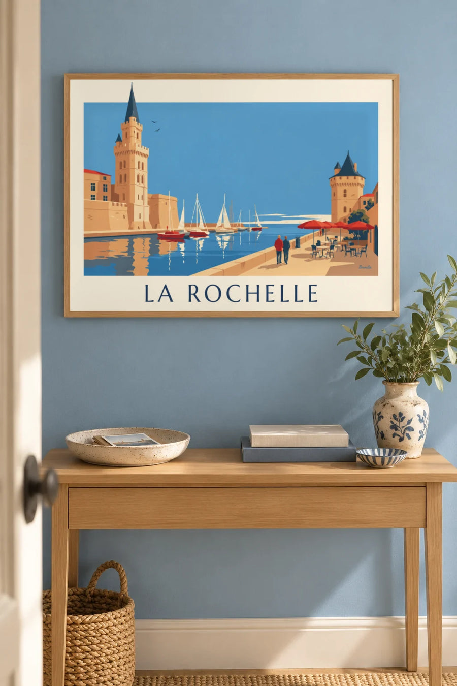 Plakat wieże Latarni i Łańcucha przy wejściu do portu w La Rochelle: w ramie na ścianie