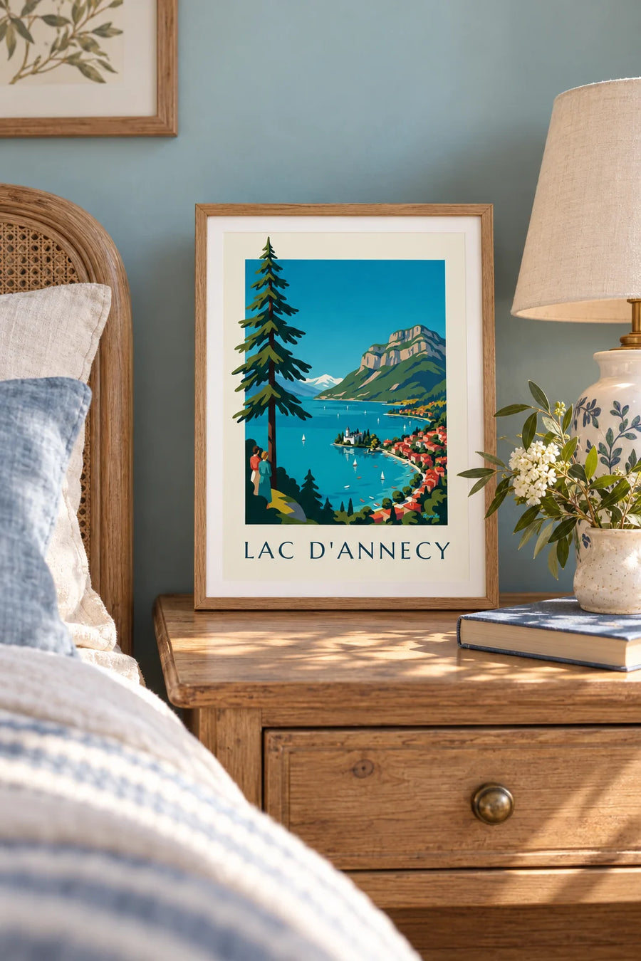 Plakat z jeziorem Annecy w Alpach, żaglówkami i szczytem Tournette, mały format A4 w ramie