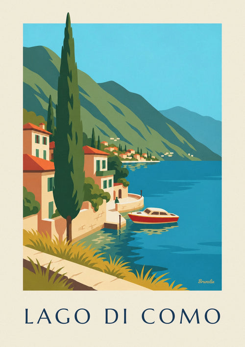 Poster of the shores of Lake Como and a wooden boat: the full poster