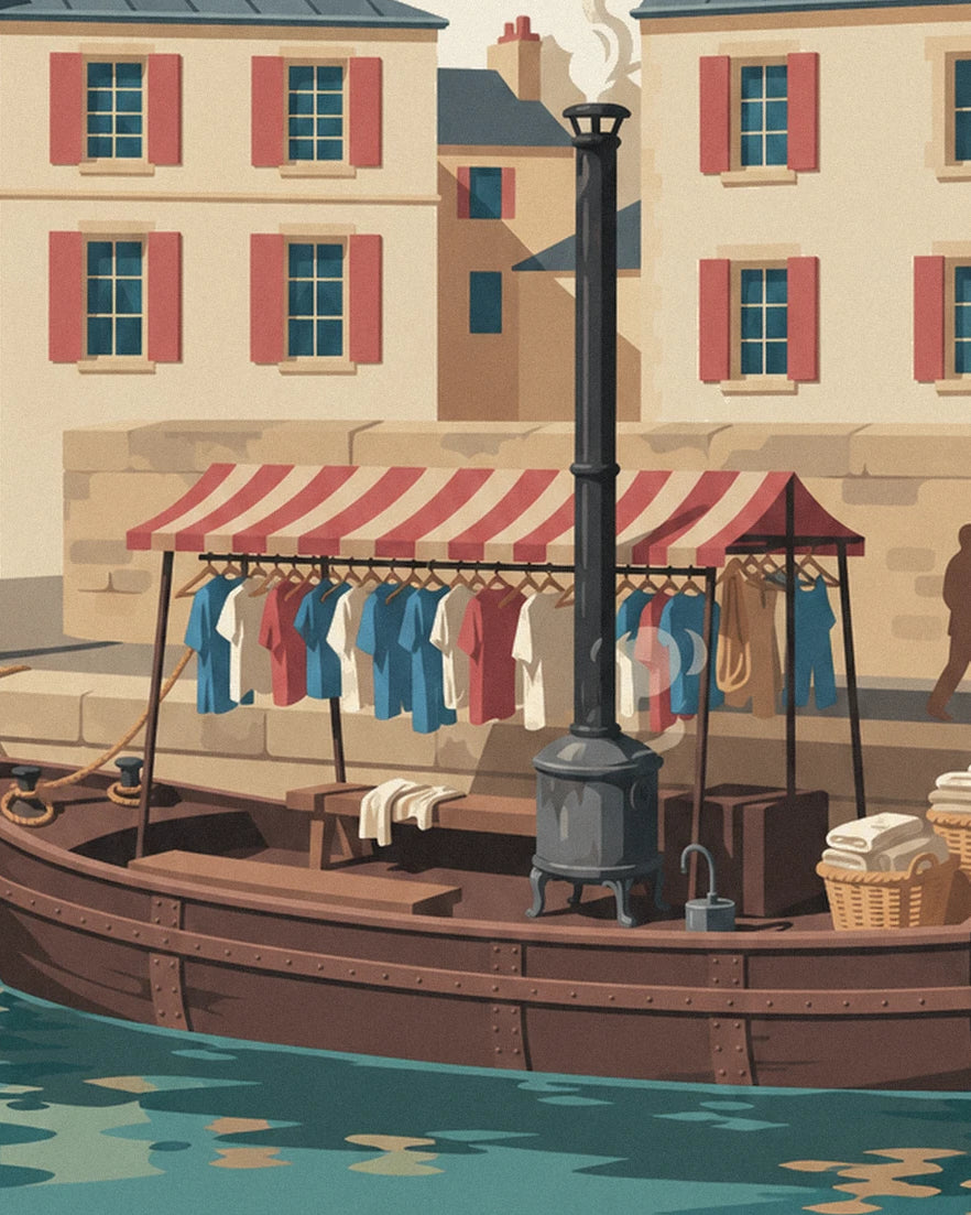 Chemises bleues et blanches sous l'auvent rayé rouge, au-dessus du poêle noir du bateau-lavoir