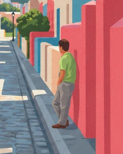Un homme en polo vert adossé au mur rose, le long des maisons colorées du Bo-Kaap