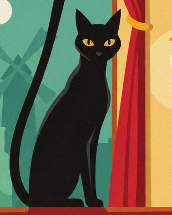 Le chat noir aux yeux jaunes assis près du rideau rouge, moulin vert derrière