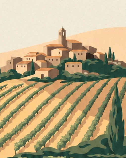 Un village aux toits orangés et son clocher au-dessus des vignes et des cyprès