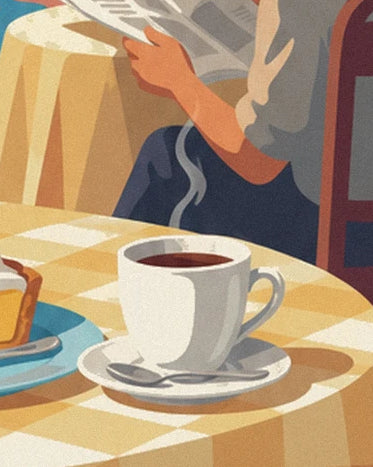 A cup of steaming coffee on the yellow checked tablecloth, and someone reading a newspaper