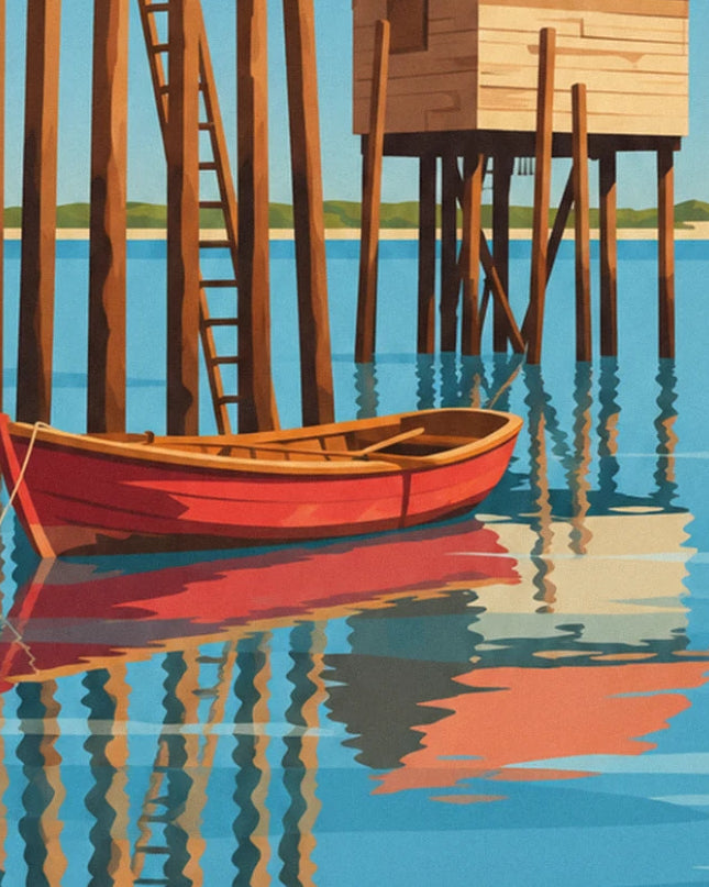 A red rowing boat moored between the stilts, its orange reflection in the blue water