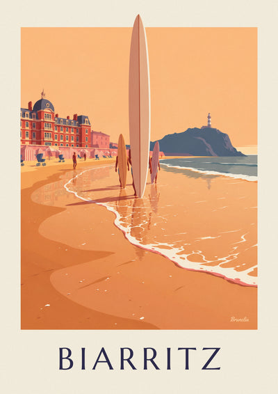 Surfers and longboards in front of the Hôtel du Palais in Biarritz poster: the full poster