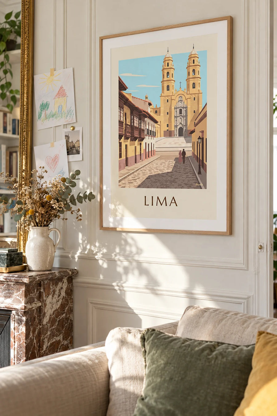 Plakat z kolonialną ulicą w Limie i bazyliką San Francisco: w ramie na ścianie