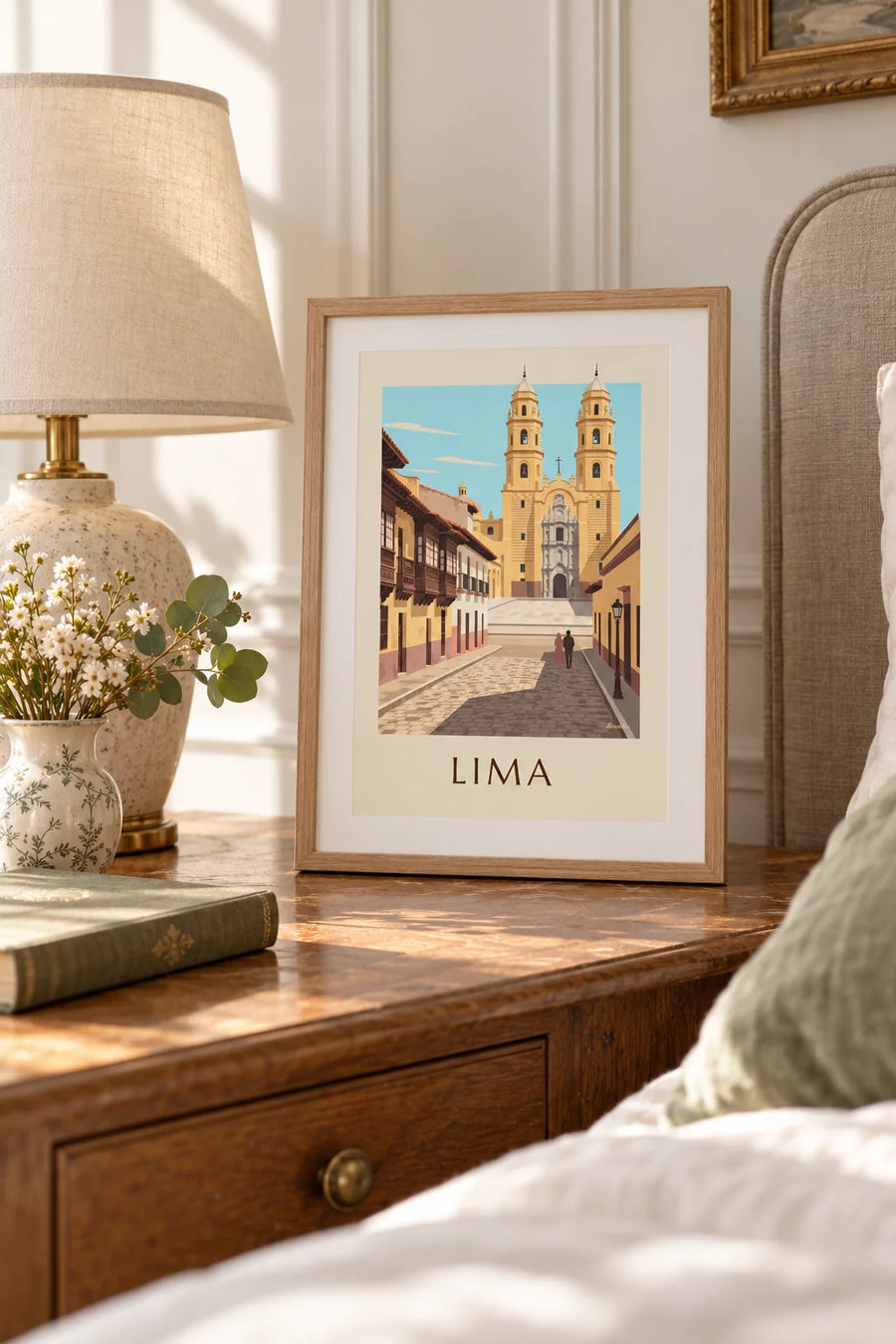 Plakat z kolonialną ulicą w Limie i bazyliką San Francisco: mały format A4 w ramie