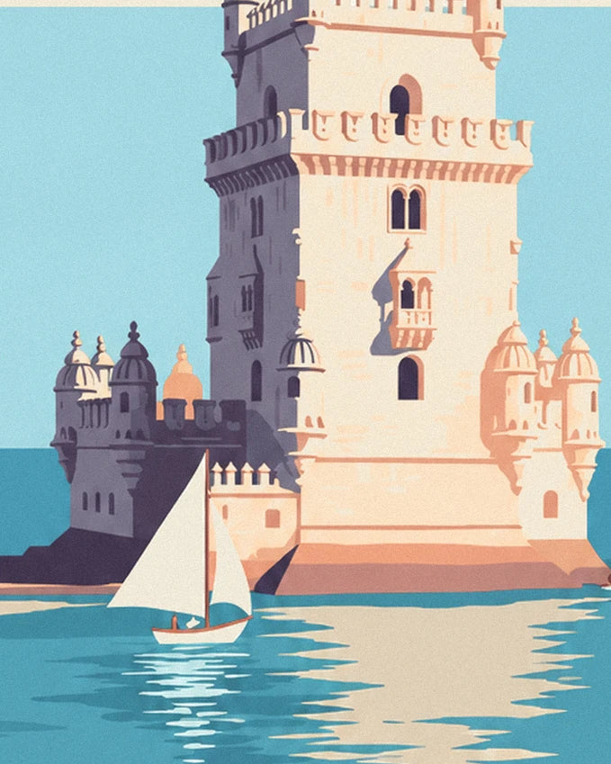 La tour de Belém en pierre claire et son voilier blanc sur le Tage