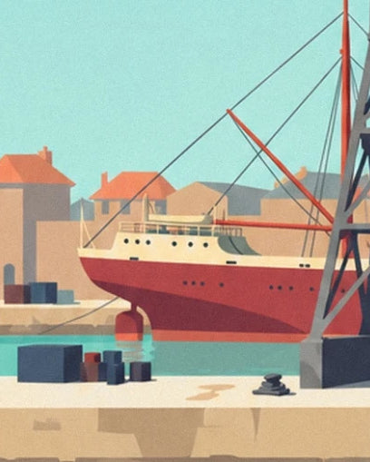 The ship with a red hull at the quay, its masts and rigging in front of the houses of Lorient