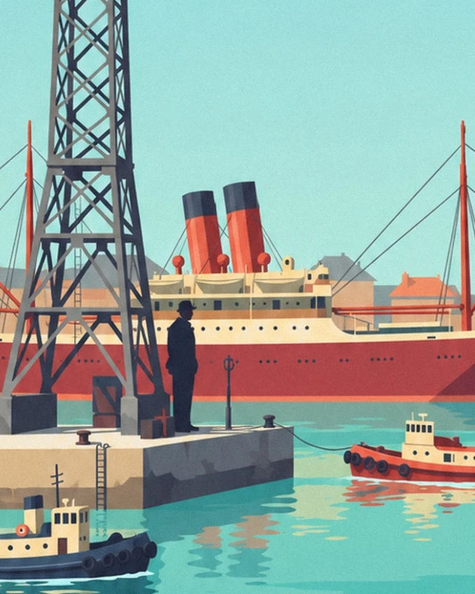 A man on the quay, tugboats and a red ship with 2 funnels