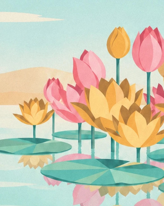 Un bouquet de lotus roses et dorés parmi de larges feuilles vertes sur l'eau