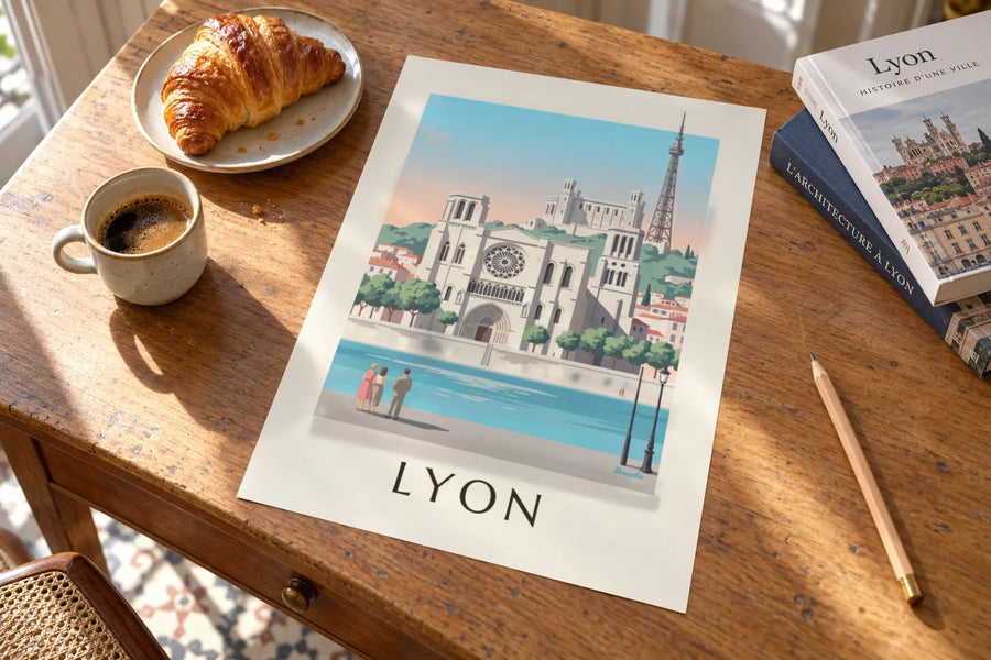Plakat z katedrą św. Jana i nabrzeżami Saony w Lyonie: na stole