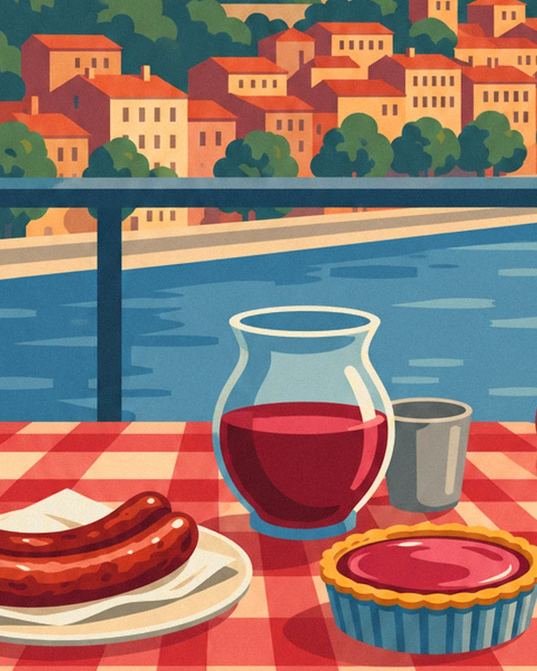 Affiche bouchon lyonnais face à la Saône et à Fourvière : détail en gros plan