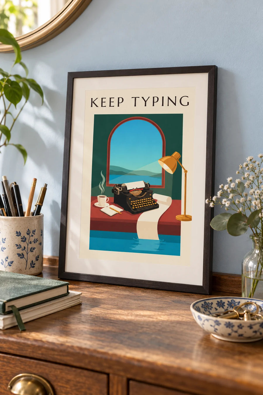 Poster of a black typewriter on a wooden desk: small framed A4 size
