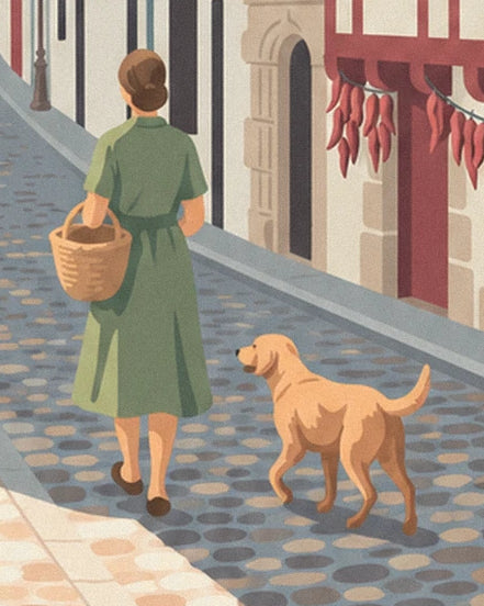 A woman in a green dress with a basket on her arm, accompanied by a dog on the cobblestones