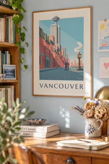Plakat z parowym zegarem w Gastown w Vancouver, w ramie na ścianie