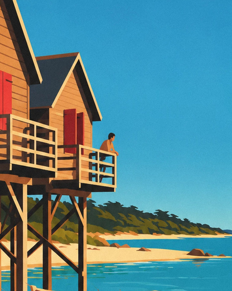 Arcachon Bay stilt houses at dusk poster: close-up detail