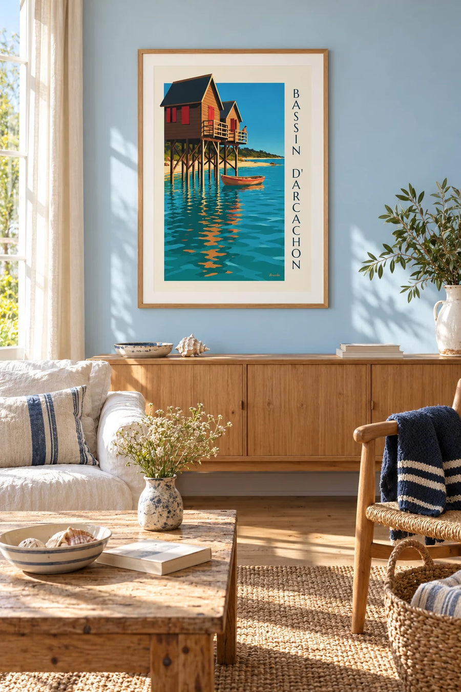 Plakat palafitowe chatki nad Zatoką Arcachon o zmierzchu: w ramie na ścianie