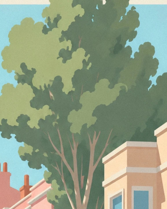 The large tree with green foliage above the pink roofs and yellow façade