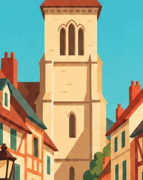 La tour de pierre claire aux fenêtres ogivales, entre les toits rouges du village