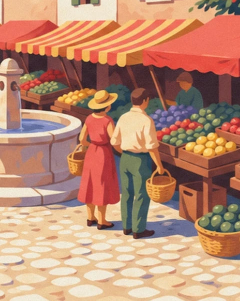A couple carrying baskets in front of the fruit stalls, near the market fountain