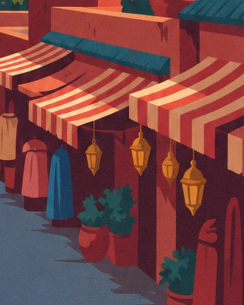 The souk's red and white striped awnings, 4 golden lanterns and pots of green plants